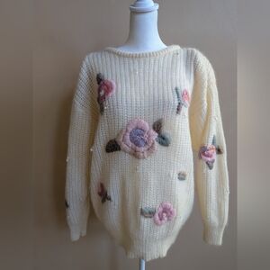 Vtg Mariea Kim Ivory Sweater Wool Blend Floral Embroidered Crystals
